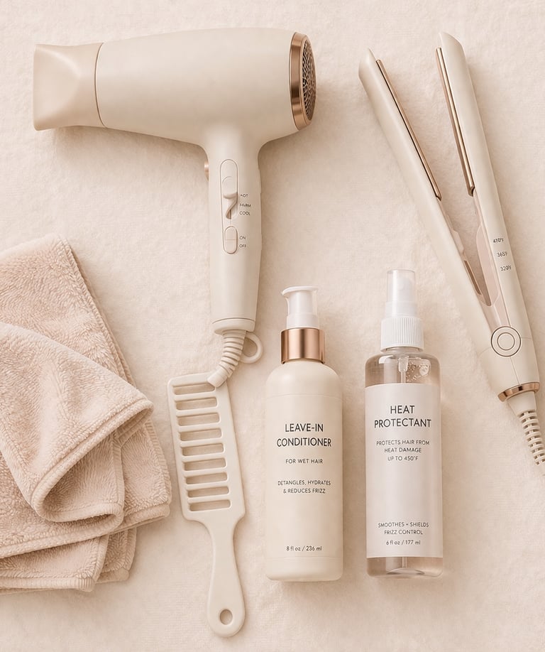 Hair care routine essentials including blow dryer, flat iron, comb, towels, and styling products