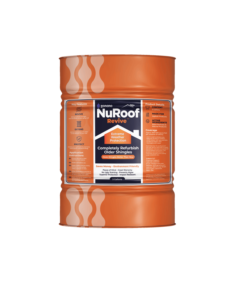 A large orange container of GoNano NuRoof Revive shingle sealant for extreme weather protection.