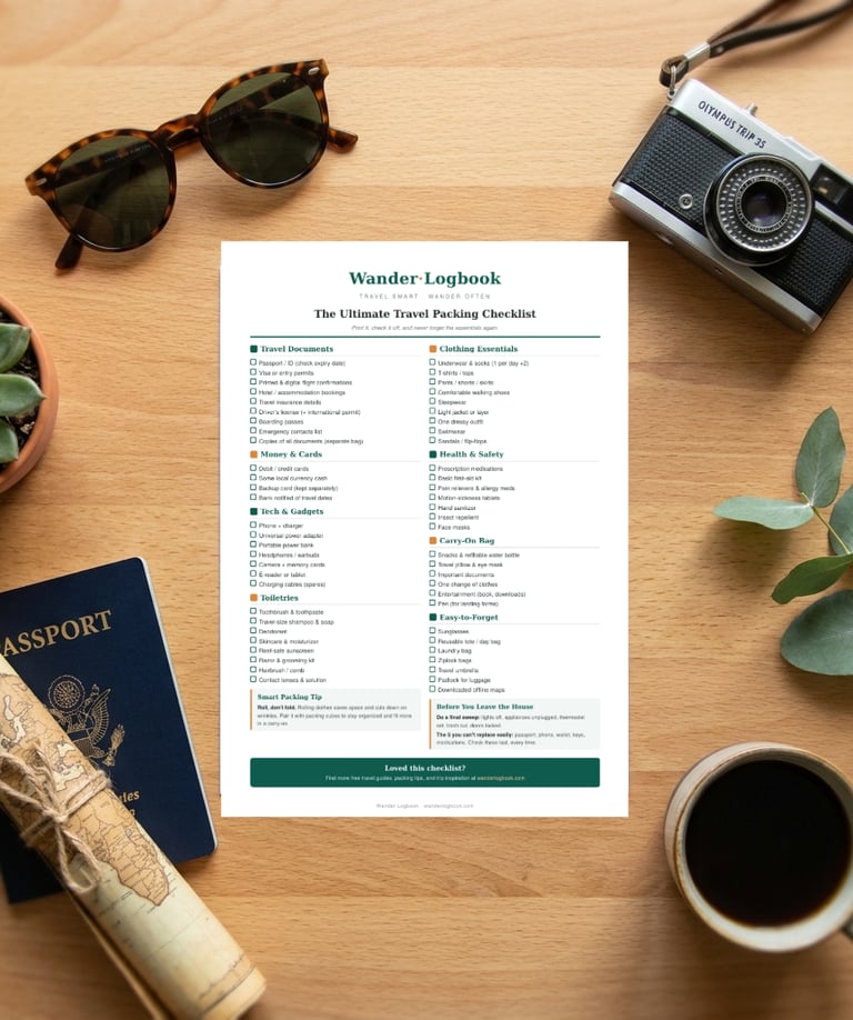 A printed ultimate travel packing checklist on a wooden desk with a passport, camera, and coffee.