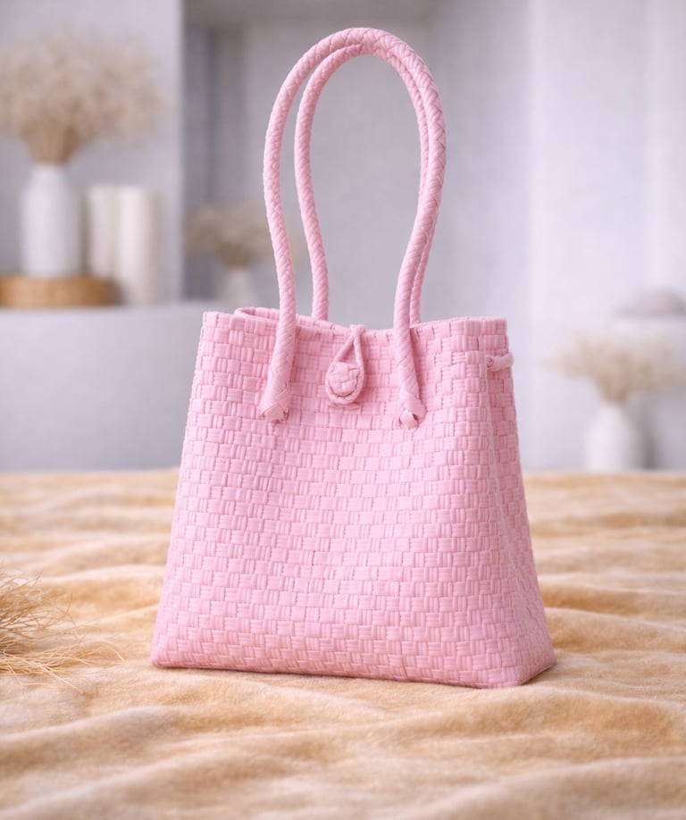 Tas anyaman plastik jali jali warna pink soft handmade, tas anyaman manis dan ramah lingkungan
