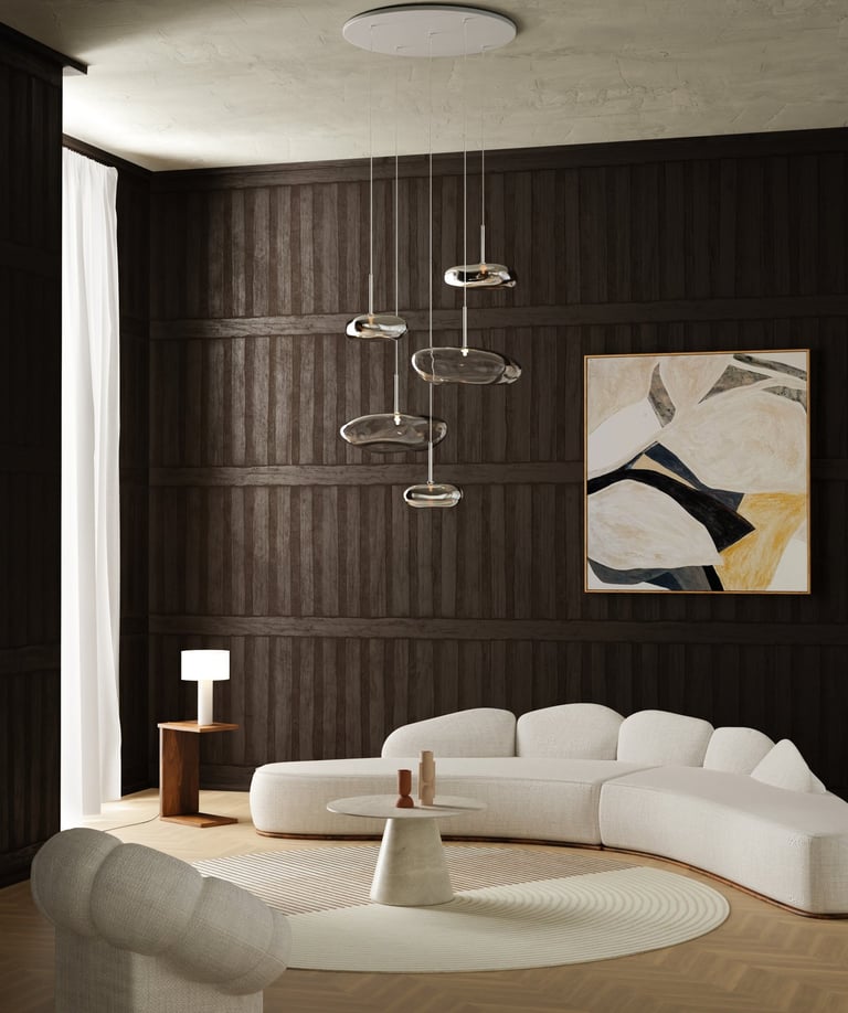 Rendu 3D photoréaliste d’un salon moderne avec canapé blanc arrondi, suspension design en verre chromé et mur sombre élégant.