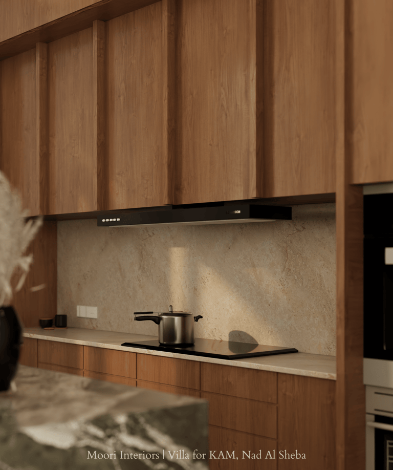 Contemporary kitchen cooktop with matte chimney, warm wood cabinetry, and soft ambient lighting