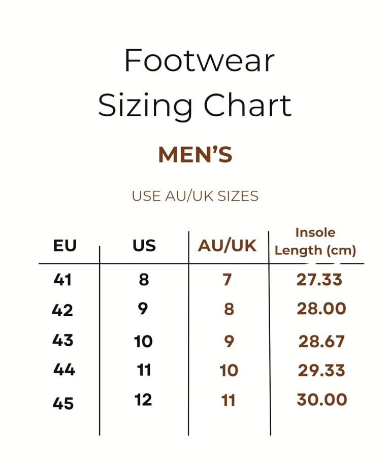 Men's footwear sizing chart showing conversions for EU, US, AU, and UK shoe sizes with insole lengths in centimeters.