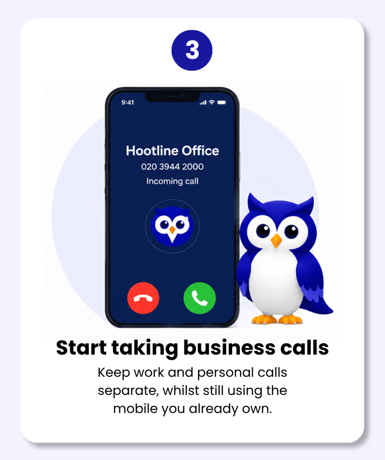 Step three showing an incoming business call on the Hootline app