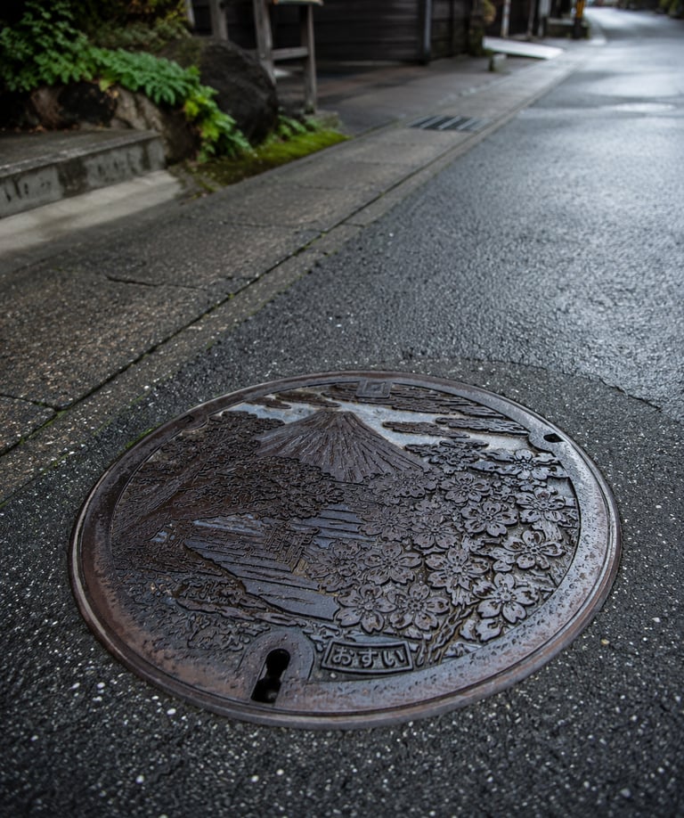 Decorative Japanese manhole cover featuring Mount Fuji and cherry blossoms on a wet street in Japan.
