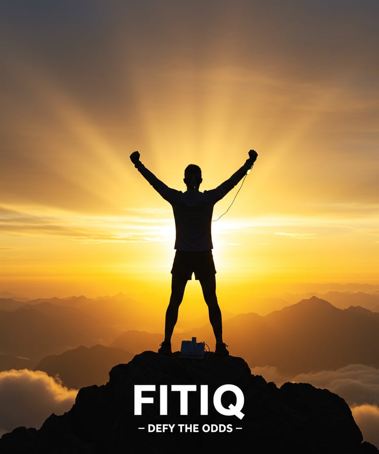 Man standing over cliff in joy with arms in air because he just reached a personal goal