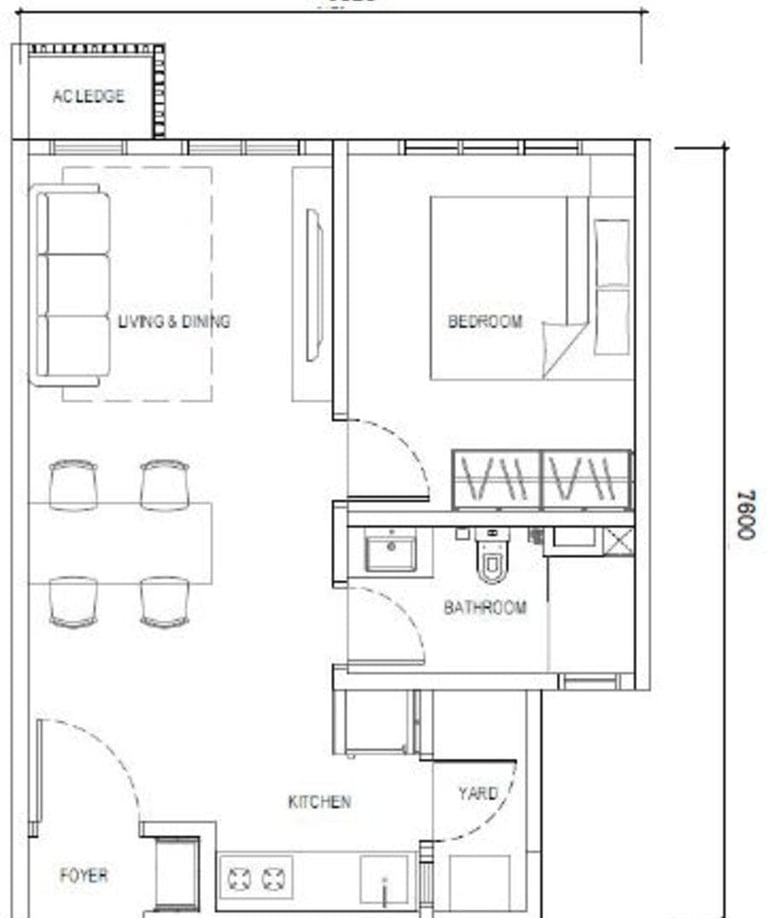 Type C layout – 474sf 1-bedroom 1-bathroom apartment near RTS CIQ
