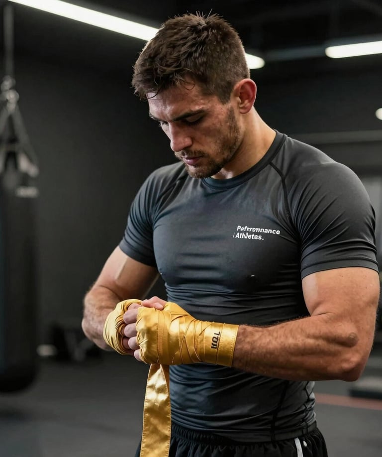 A male MMA athlete training in a high-performance facility, seen from the waist up in a dark gray compression top. He is wrapping his hands with gold-tinted wraps. Dark, atmospheric lighting with a premium feel. Global / Performance Athletics.