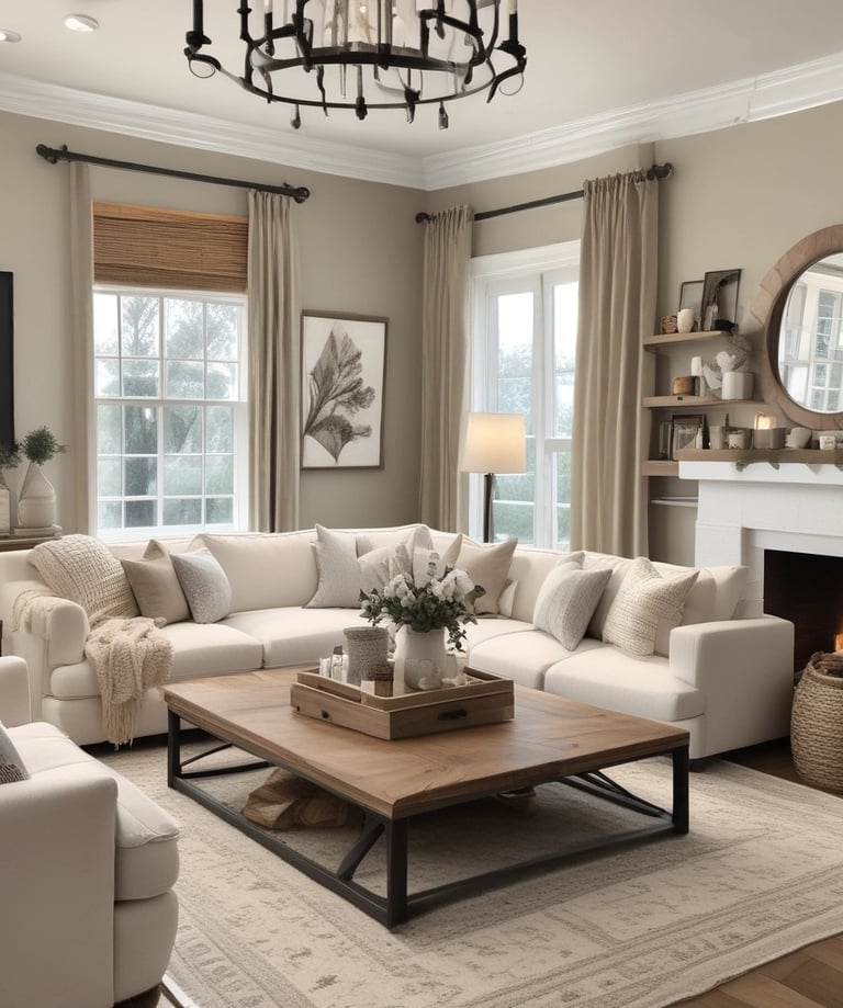 Modern farmhouse living room with white sectional sofa, neutral color palette, light wood coffee tab