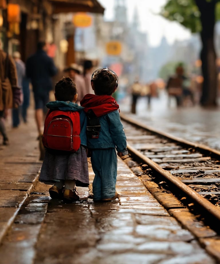 railway 2 kids waiting train.