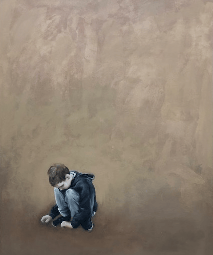 Young boy painted in oil on canvas. Crouched position against vast sandy background.