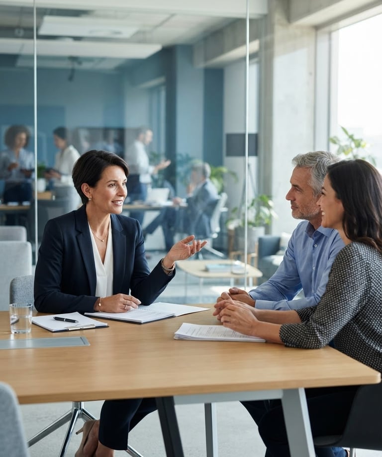 A medium shot of a professional mediator in a modern, sunlit office setting, engaged in a calm and collaborative dialogue. The background features clean glass partitions with soft reflections of cool blue and slate tones, sharp focus, and architectural depth.
