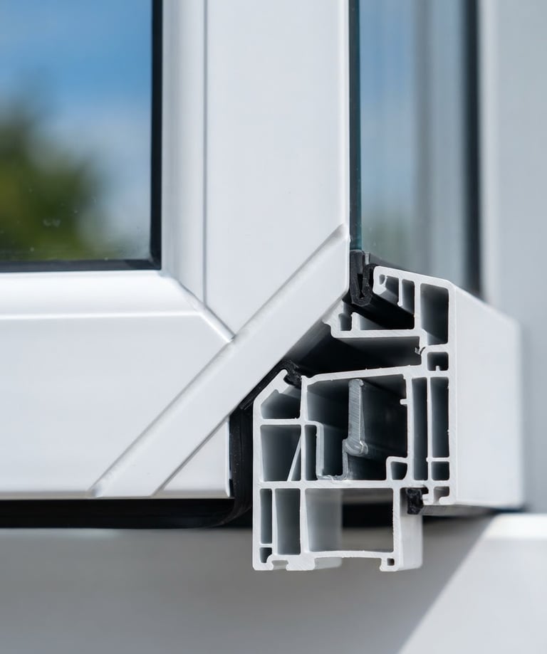 Close-up of a clean welded UPVC casement window joint, bright daylight, crisp white and deep blue tones, sharp focus, 35mm lens, showing multi-chamber insulation
