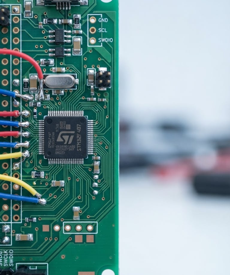 Extreme close-up macro shot of a microcontroller development board with clean wiring, highlighting copper traces and solder joints under bright, cool-toned laboratory daylight, 50mm lens. Expansive negative space on the right.