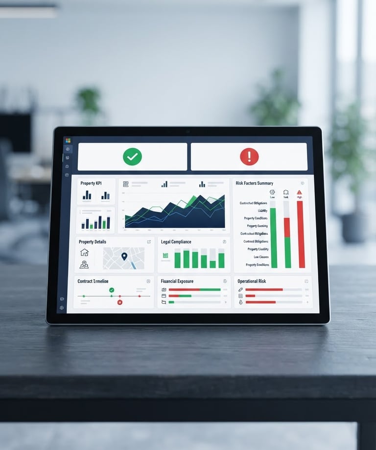 Clean digital interface mockup of a contract risk summary report with prominent green and red risk indicators, displaying Australian property contract details, bright cool studio lighting, deep sapphire and slate accents, sharp focus, minimalist composition, 35mm.