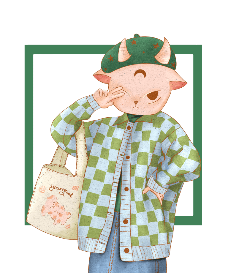 a cartoonish piggy sheep with a tote bag fashion hat illustration