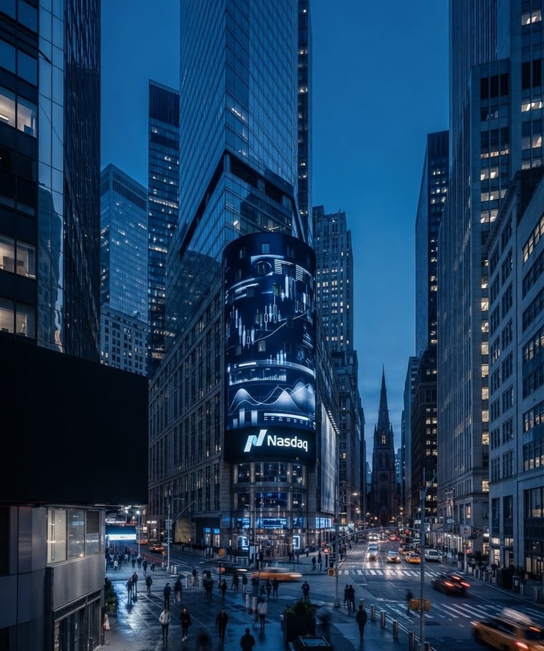 Wide panoramic view of Wall Street, modern financial buildings, Nasdaq digital displays, subtle candlestick charts on screens, cool blue light, metallic reflections, sleek editorial photography, deep navy and metallic silver tones, sharp focus, 35mm