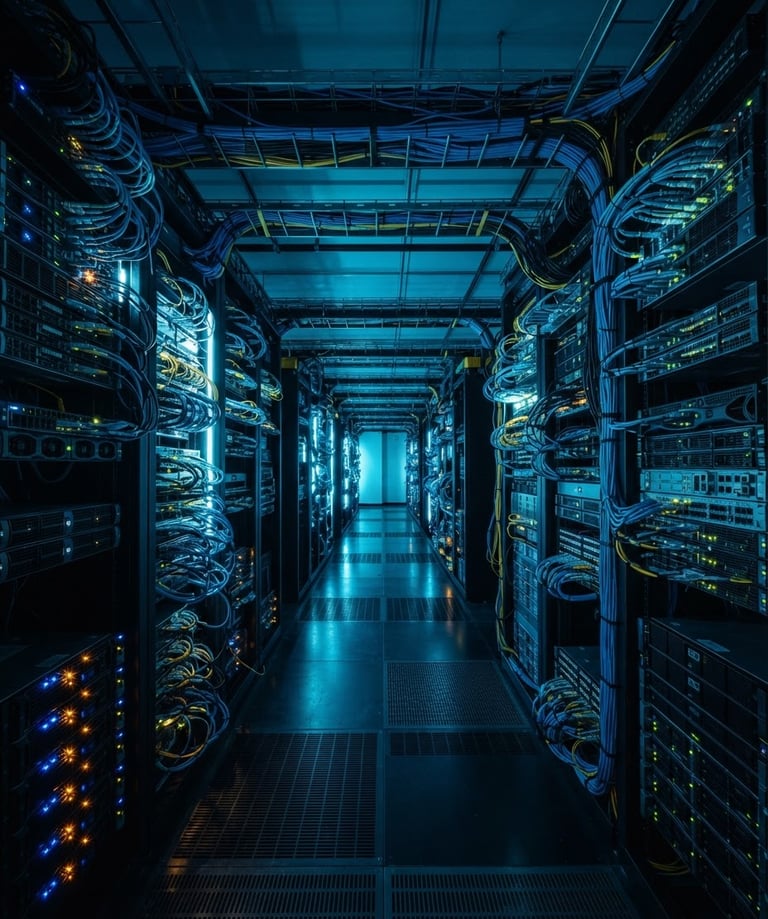 Wide cinematic shot of a high-contrast server environment, deep blue and cyan backlighting, sharp focus, technical cables, no text.