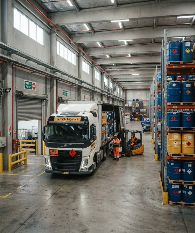 Wide shot of a modern chemical warehouse interior with an ADR-compliant truck, cold industrial lighting, focus on safety markings and documentation, 35mm sharp industrial photography.