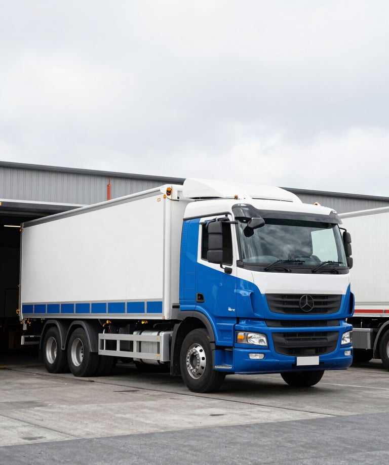 Crisp industrial transport photography of a modern blue and white tautliner truck parked at a Melbourne concrete loading dock, bright overcast daylight, sharp details, 35mm