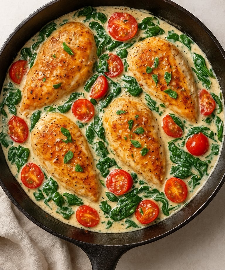 Creamy Tuscan chicken cooked in one pan with sun-dried tomatoes and spinach