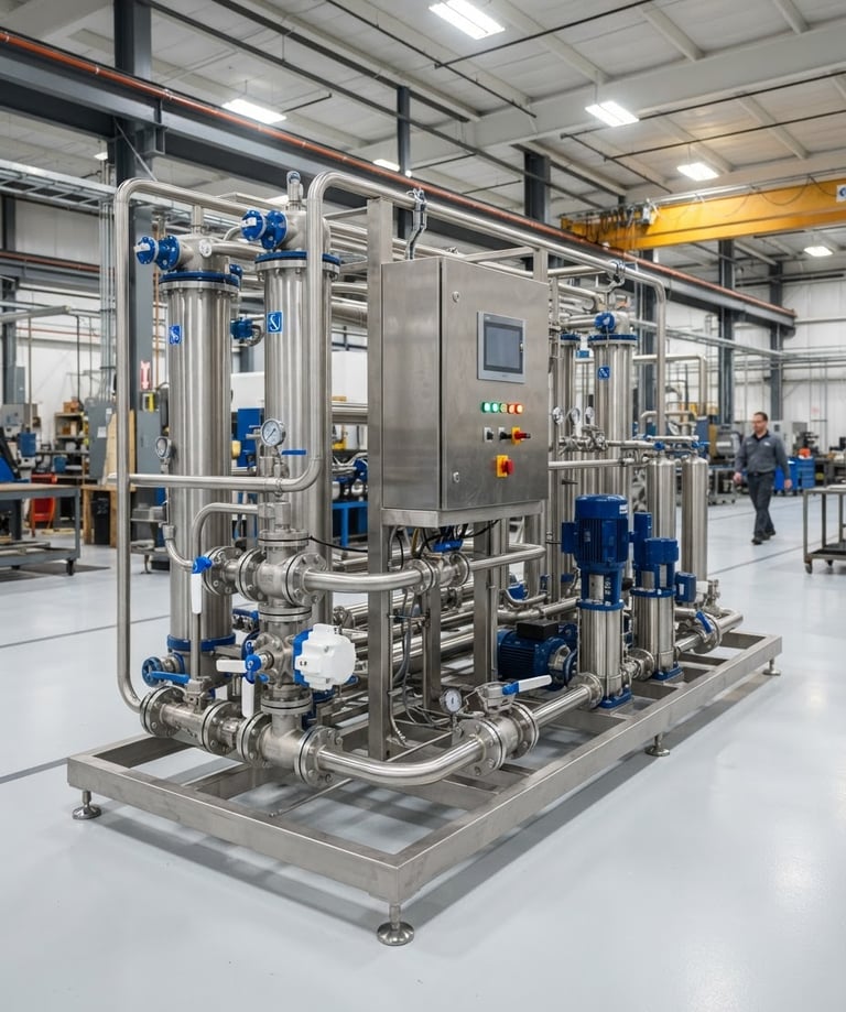 Wide shot of a polished stainless steel industrial RO plant skid with multi-port control valves, clean factory assembly floor, bright industrial studio lighting, high detail.