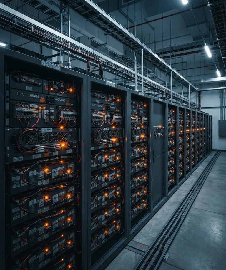 Wide panoramic industrial UPS battery racks, high-contrast cool blue-gray ambient light, sharp orange indicator lights, macro technical details, clean composition, 50mm, bleeding to the right edge