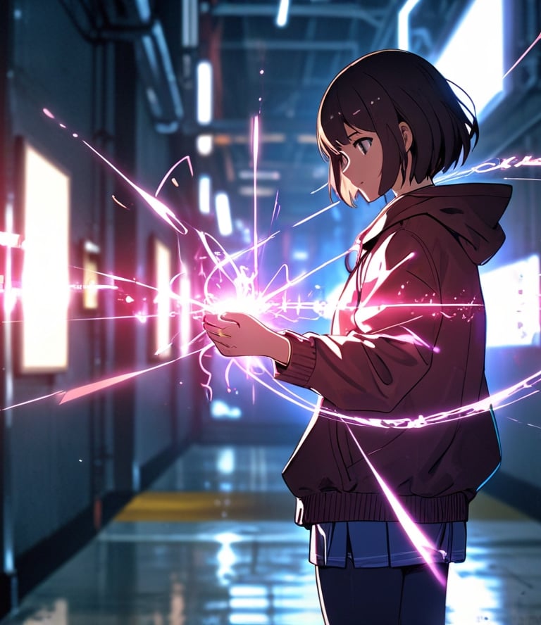An anime girl gazing at her glowing, sparkling hand, symbolizing self-discovery and personal growth.