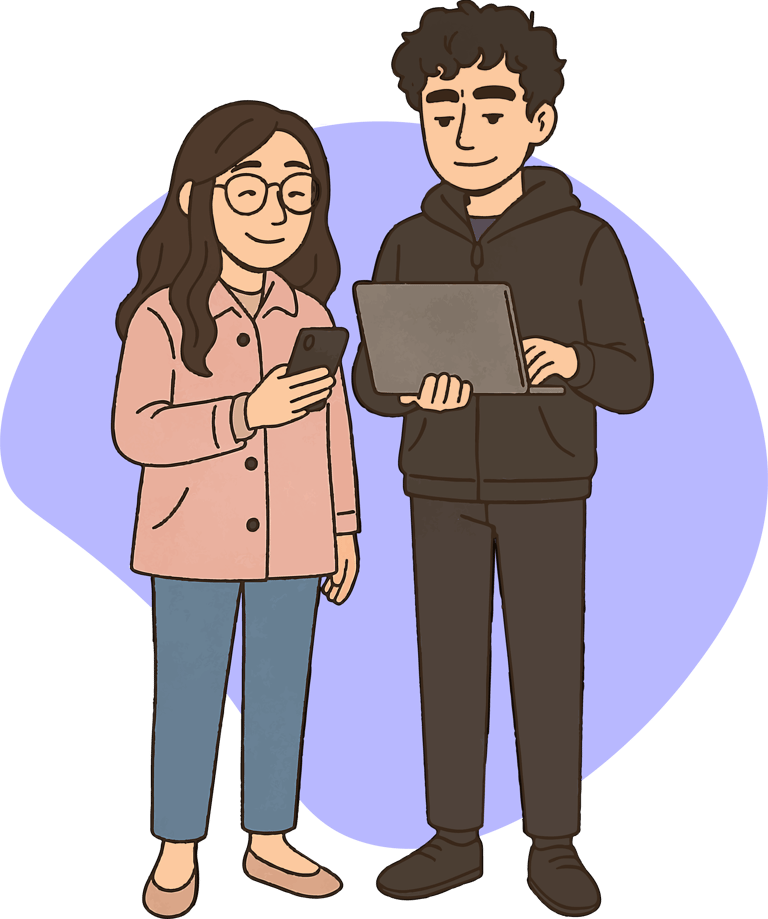 Una mujer con un teléfono móvil y un hombre con una laptop (son el equipo de DYgitalTec)