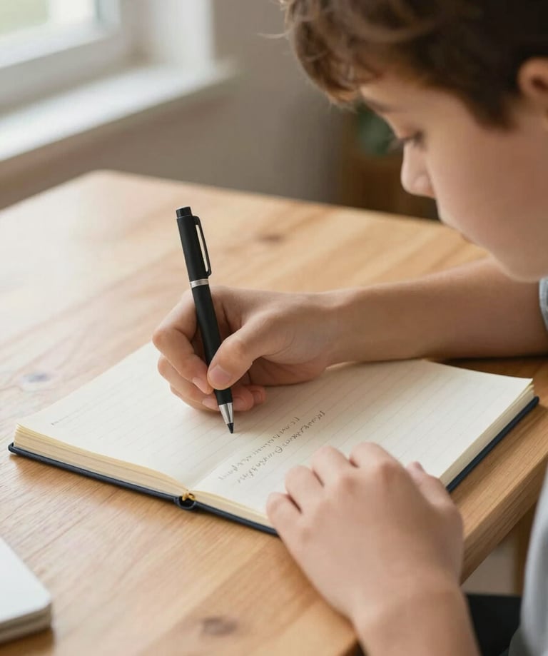 Close-up of a child's hands writing in a notebook on a light wooden table, a tutor's hand pointing to a line in the text nearby, soft natural window light from the left, open textbook visible at the edge, calm and focused atmosphere