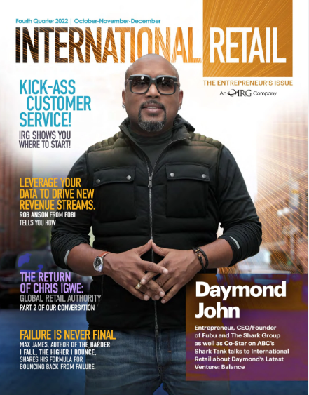 a man in a black jacket and sunglasses on the cover of international retail magazine