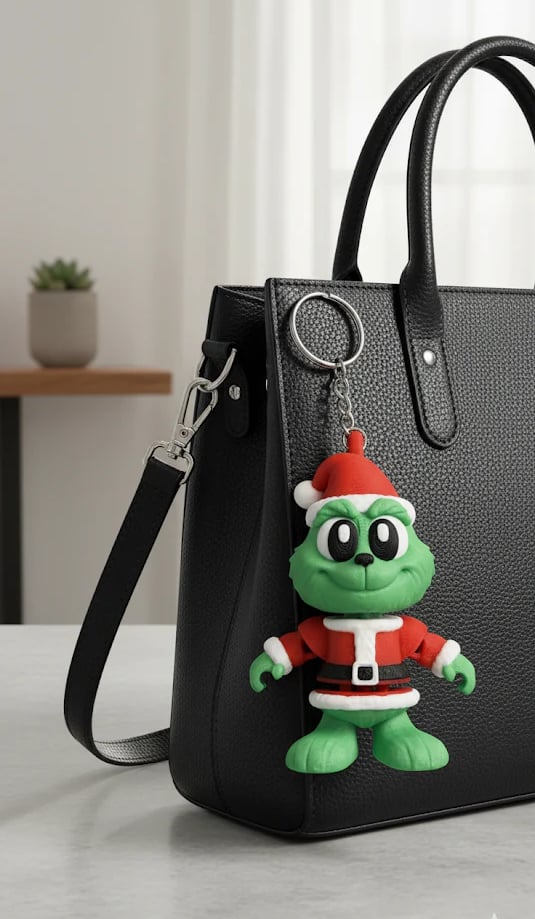 Grinch keychain with articulated arms, hands, head, body and legs