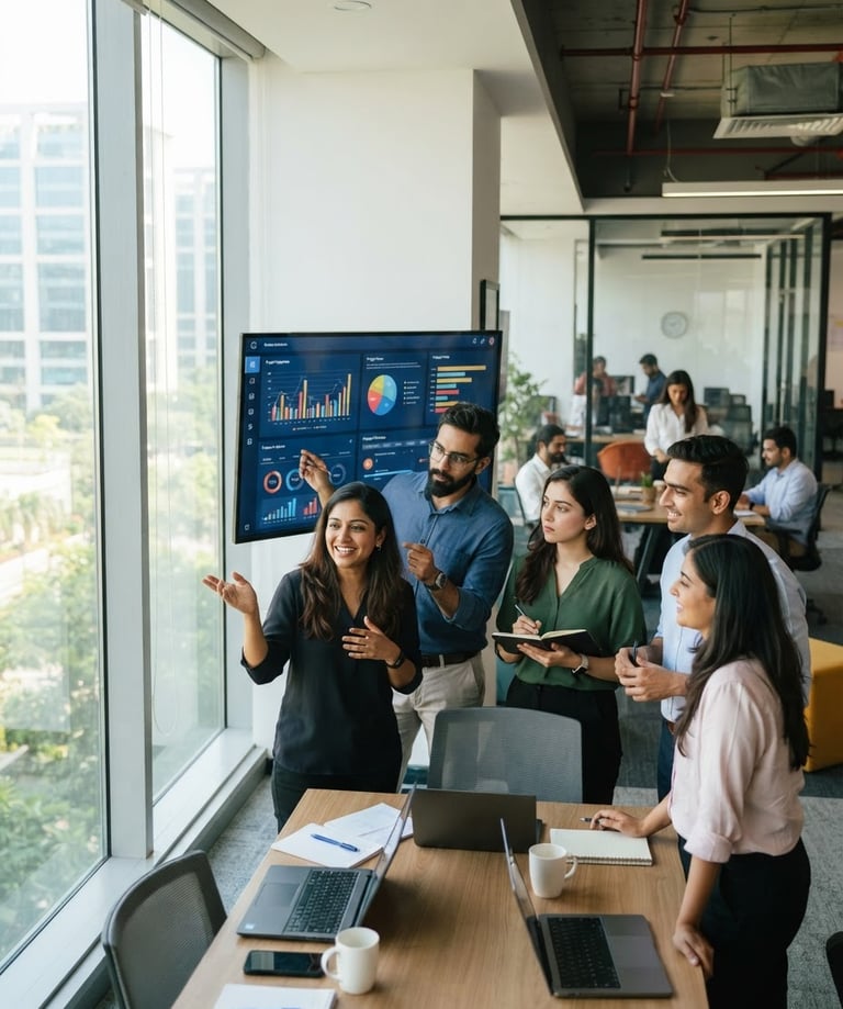 Bright, modern office space in Gurgaon Cyber City, showing a diverse team collaborating around a large monitor, natural window light, focused and energetic atmosphere, candid medium-close shot.