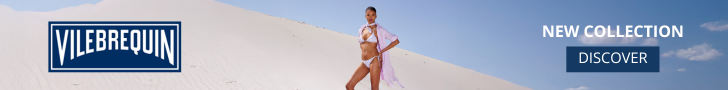Model in Vilebrequin white bikini and beach cover-up on a desert sand dune for the new collection.