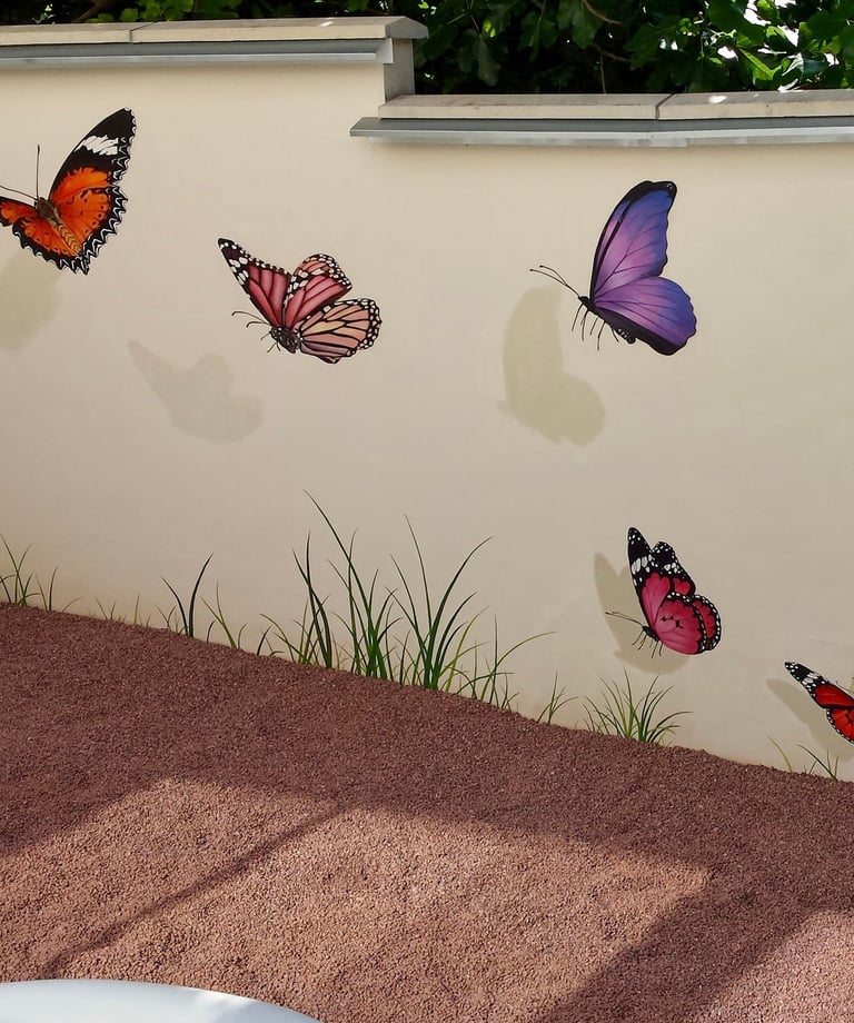 Fresque aux papillons peinte sur un mur mitoyen, de quoi embellir et animer une cour intérieure avec un peu de poésie.