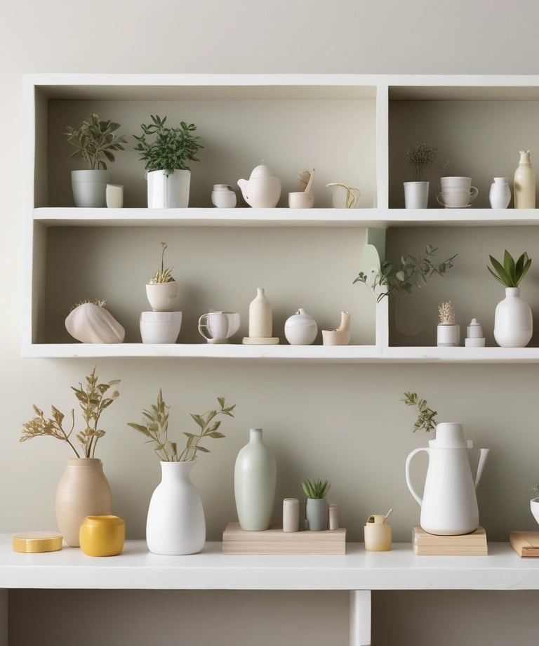 vasellame su scaffale bianco