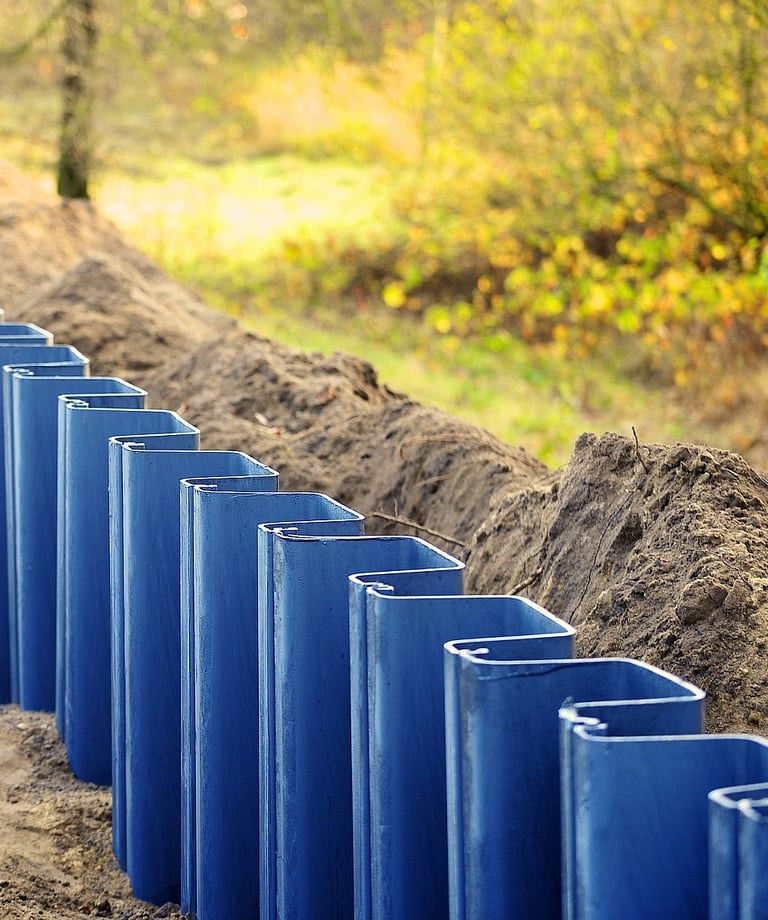 Vinyl sheet piles installed along a waterway for erosion control.