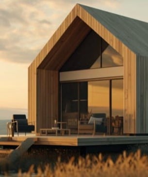 a small house with a wooden deck and a deck