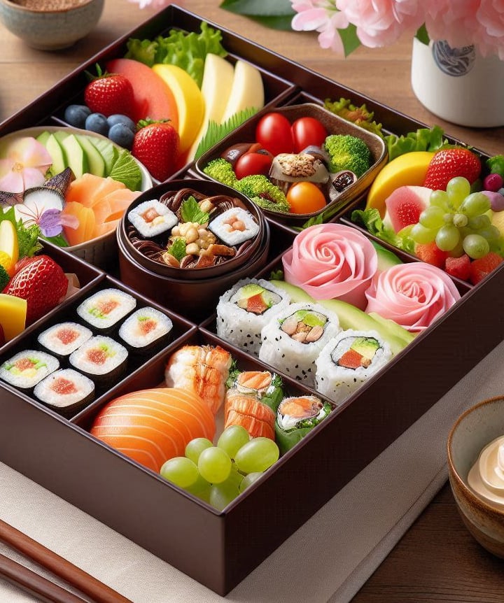 a box of sushi with sushi and sushi