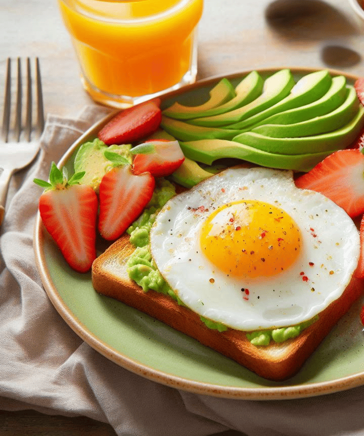 a plate of food with fruit and a glass of juice