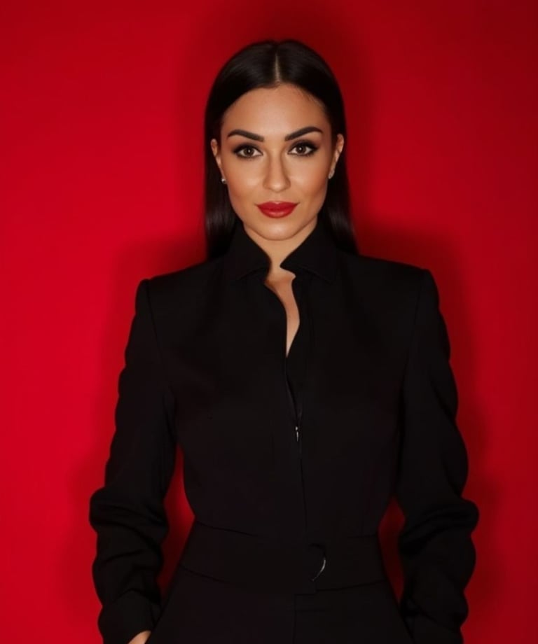 Serena Maria Lerose, Business-Coach für Social Media Management, vor rotem Hintergrund im schwarzen Hemd