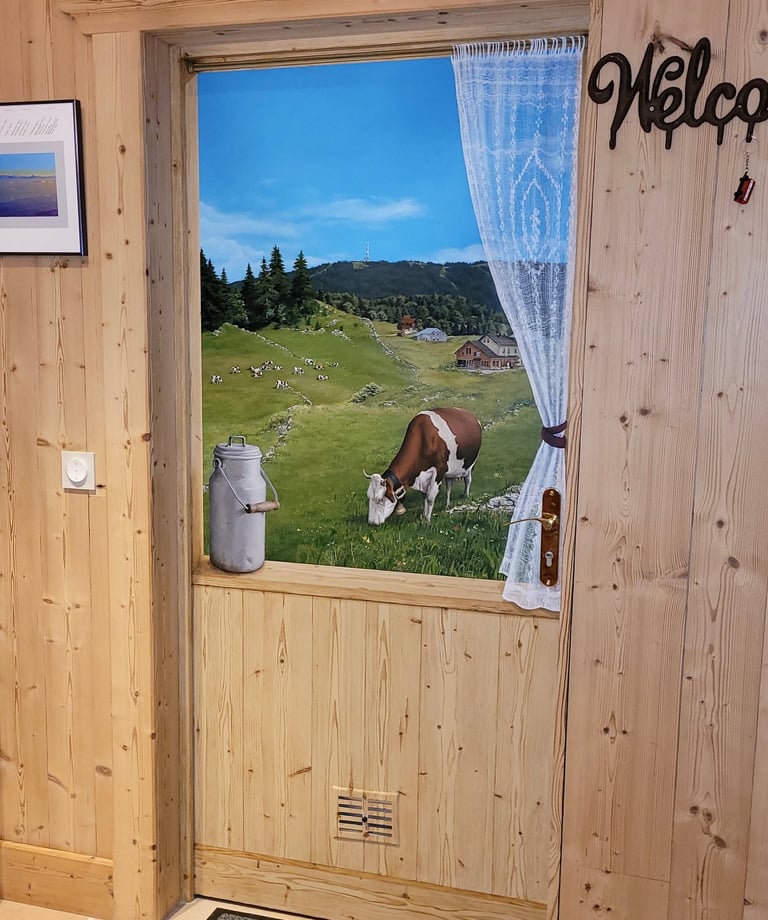 Décor peint de montagnes jurassiennes & imitation de matière sur une porte de service