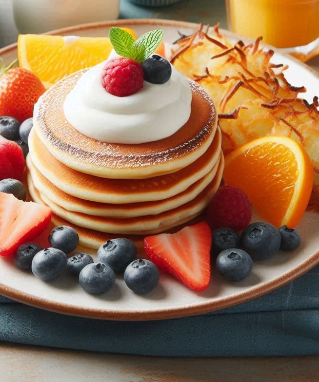 a plate of pancakes with fruit on a table