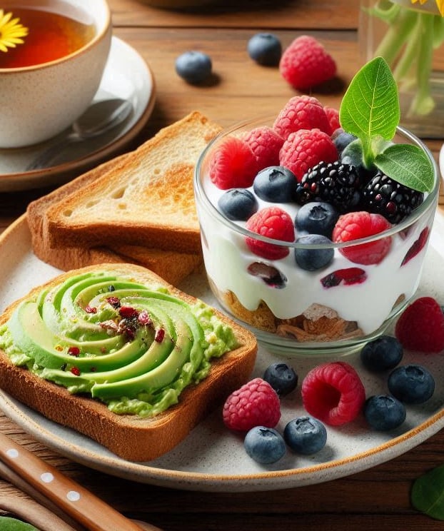 a plate of food with fruit and a cup of tea