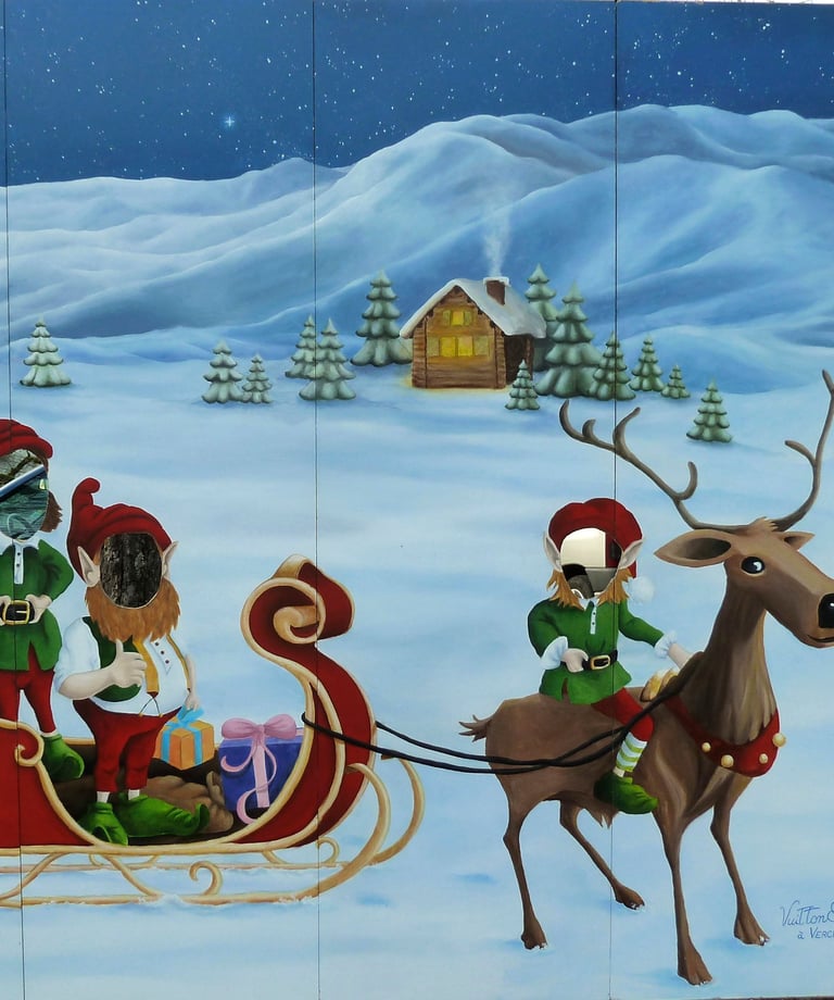 Un décor évènementiel amusant destiné aux animations des fêtes de Noël d'un village. Des lutins au milieu d'un paysage enneig