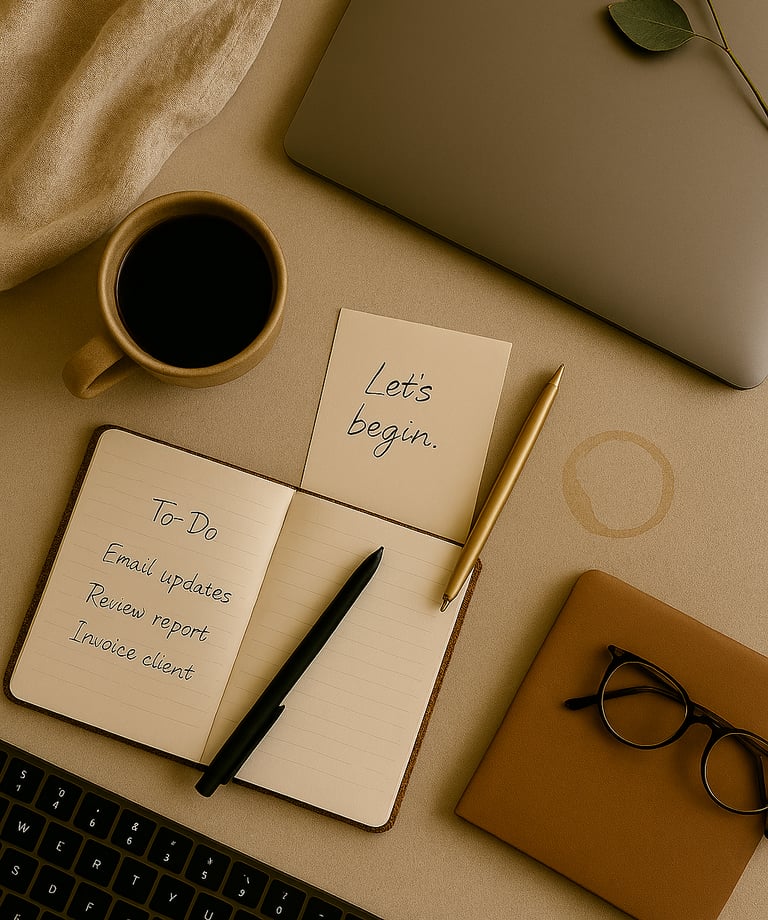 Neutral-toned desk with coffee, notebook, pens, and laptop