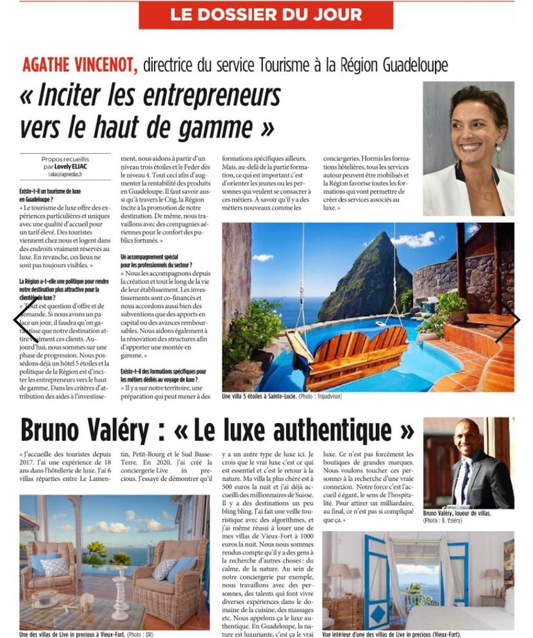 Extrait d’un article de presse dans France-Antilles où Bruno Valery évoque le luxe authentique comme moteur de l’hospitalité 