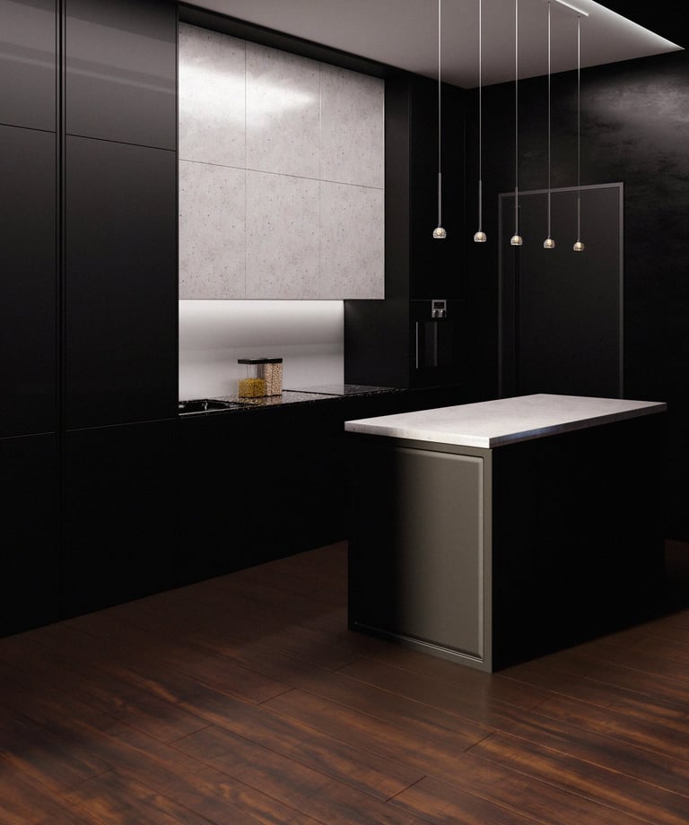 Rendu 3D d’une cuisine moderne noire avec îlot central, éclairage suspendu et design minimaliste.