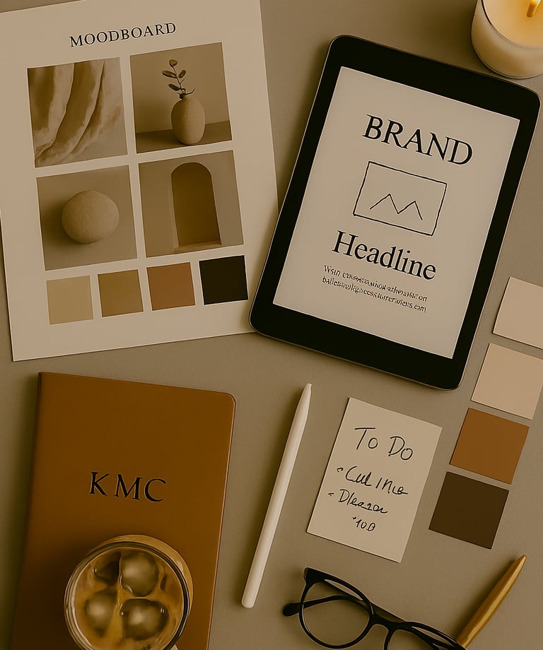 “Flat lay of branding tools including moodboard, tablet, notebook, and color swatches