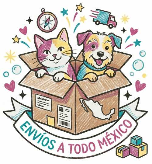 Illustration of a cat and dog in a shipping box with text Envíos a todo México for pet delivery services.